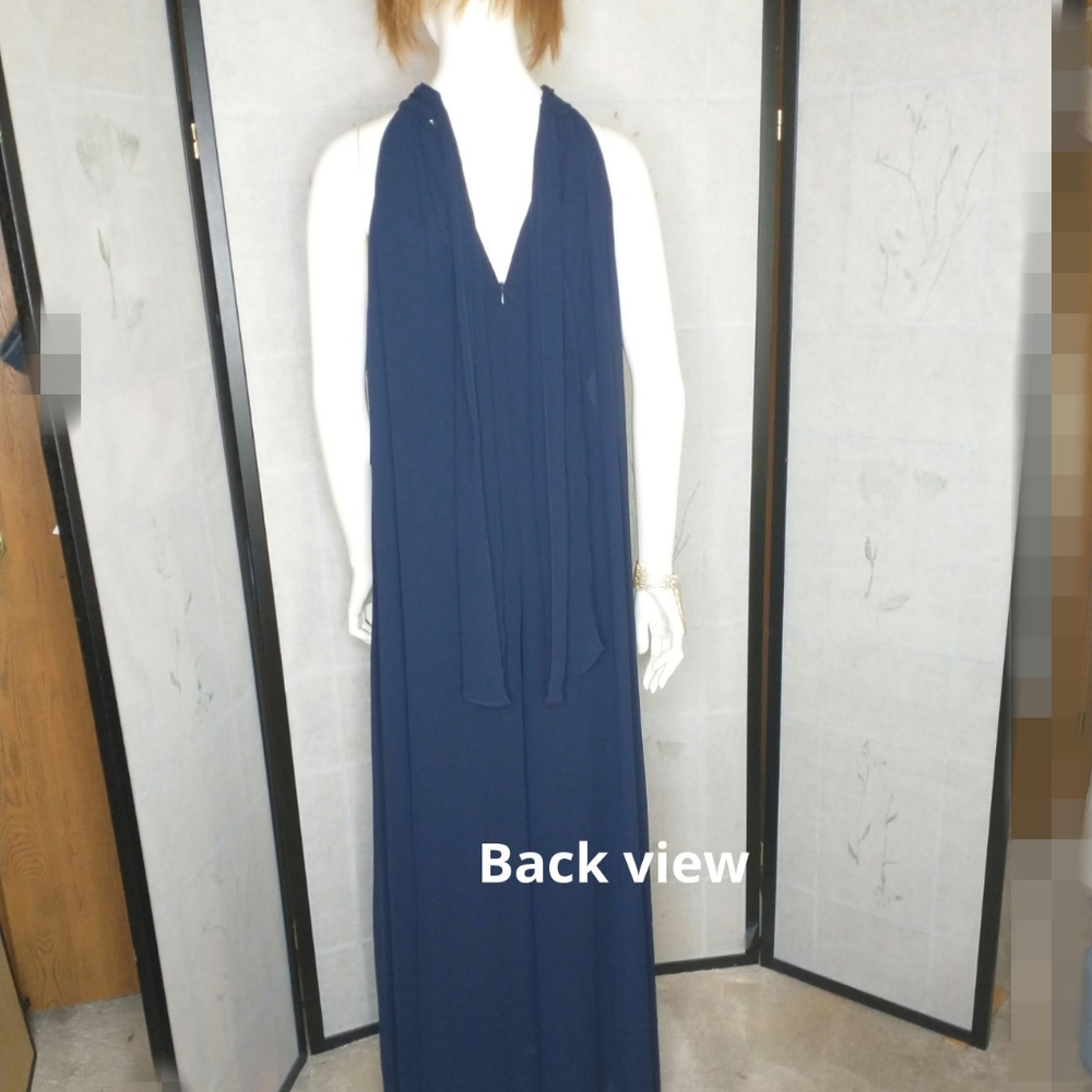 Elegant Formal Navy Blue Wide Leg Chiffon Jumpsuit By Prelude Size L - Picture 2 of 12